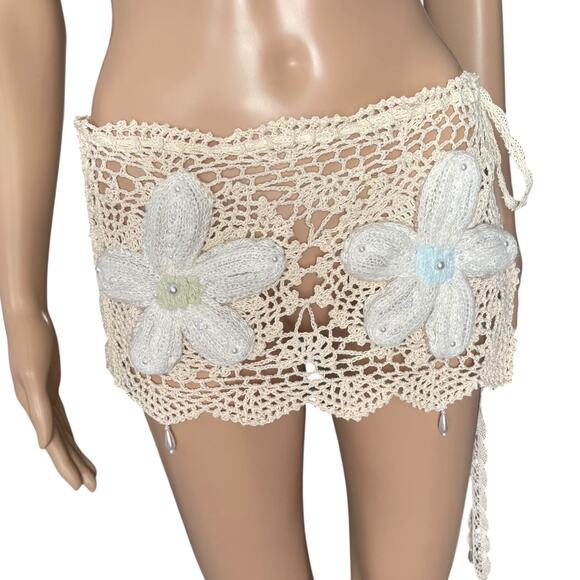 Upcycled Dresses & Skirts - Upcycled Crochet Flower Mini Skirt Sheer Lace Wrap Ibiza Coquette Festival Fairy
